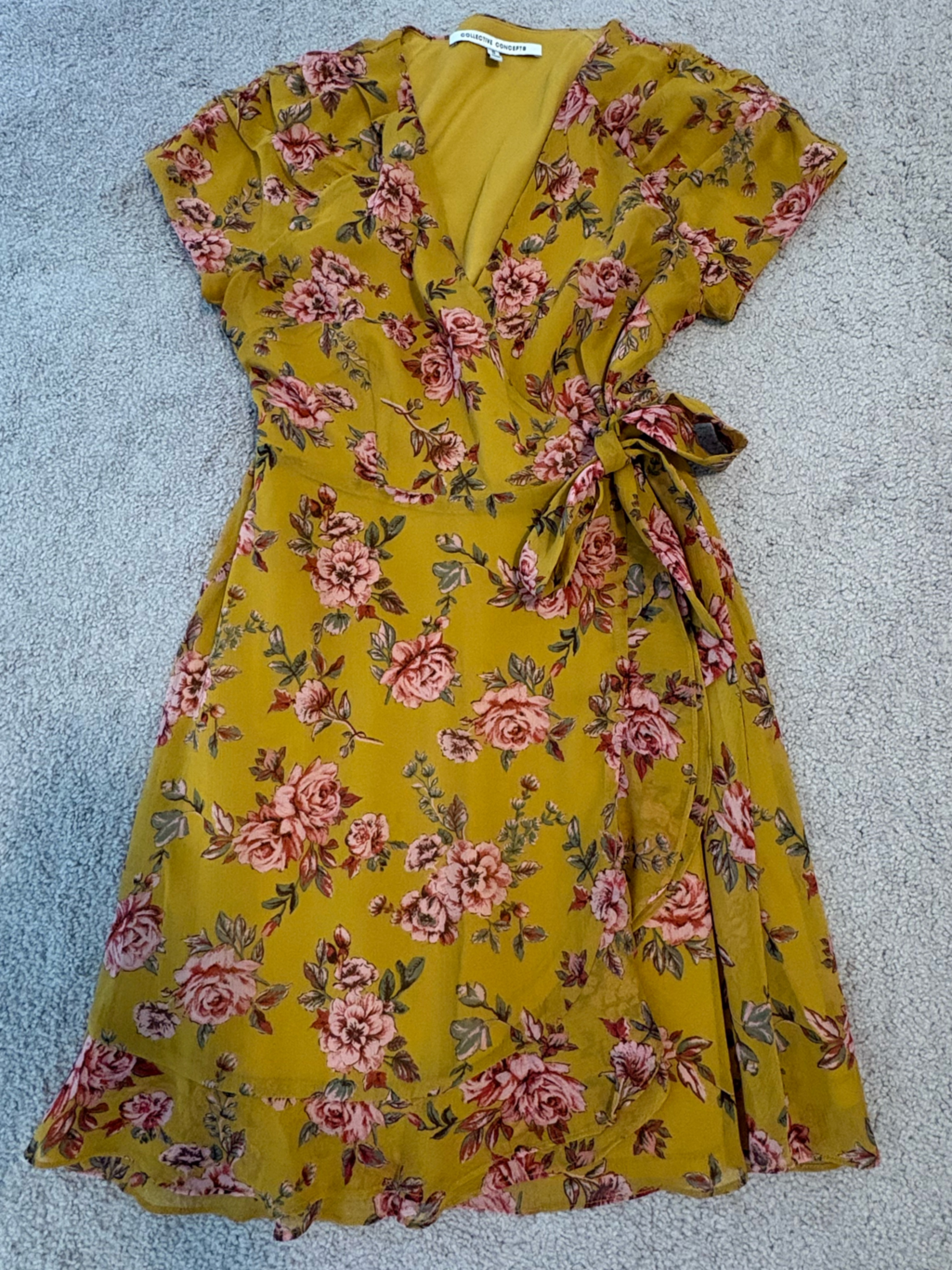 Mustard Gold With Pink Florals Wrap Dress Ruched Sleeves And Tie Waist Small
